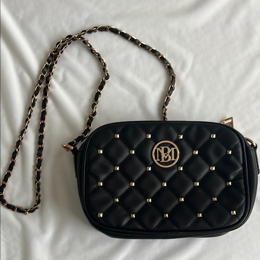 Studio Badgley Mischka Black Quilted Crossbody Bag, Roped Gold Chain Detail
